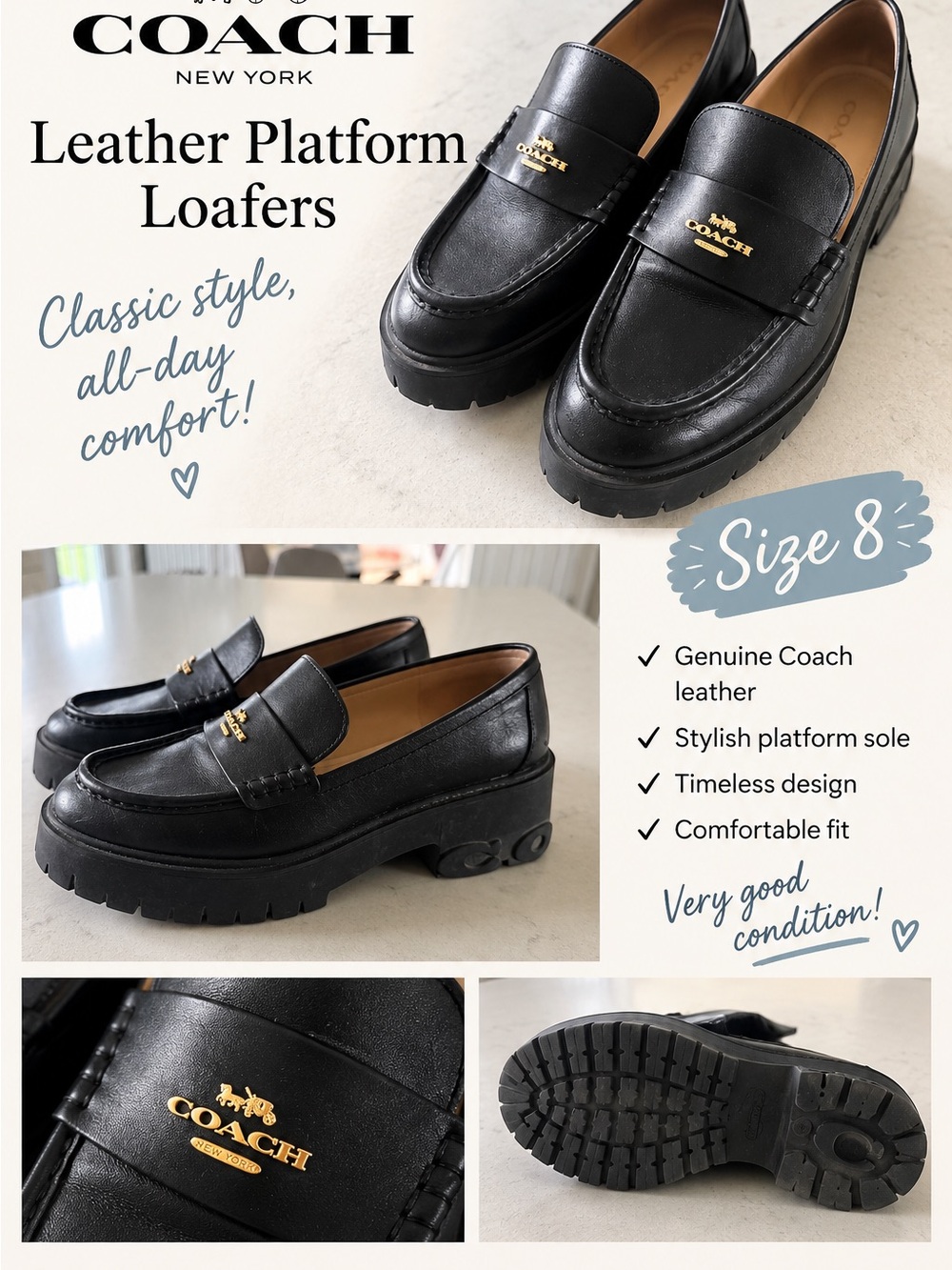 COACH Black Leather Platform Penny Loafers